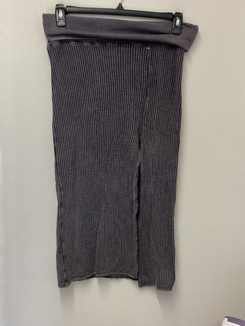 Free People Charcoal Ribbed Fold-Over Midi Skirt with Side Slit